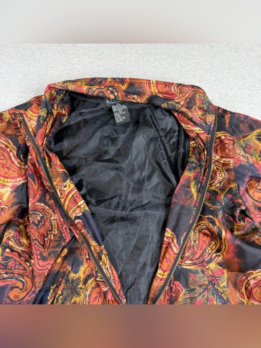 VTG 90s EVR Div Rousso 100% Silk Bomber Jacket All Print Small Paisley Leaf Fall